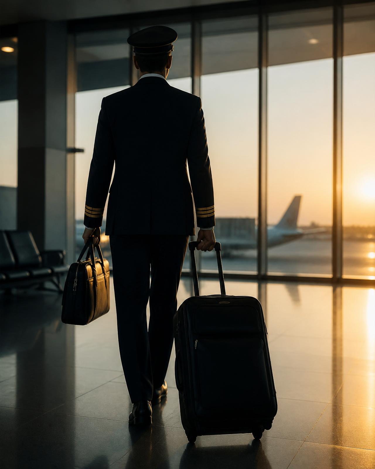Airline pilot from behind walking through a modern terminal at sunrise with a flight bag