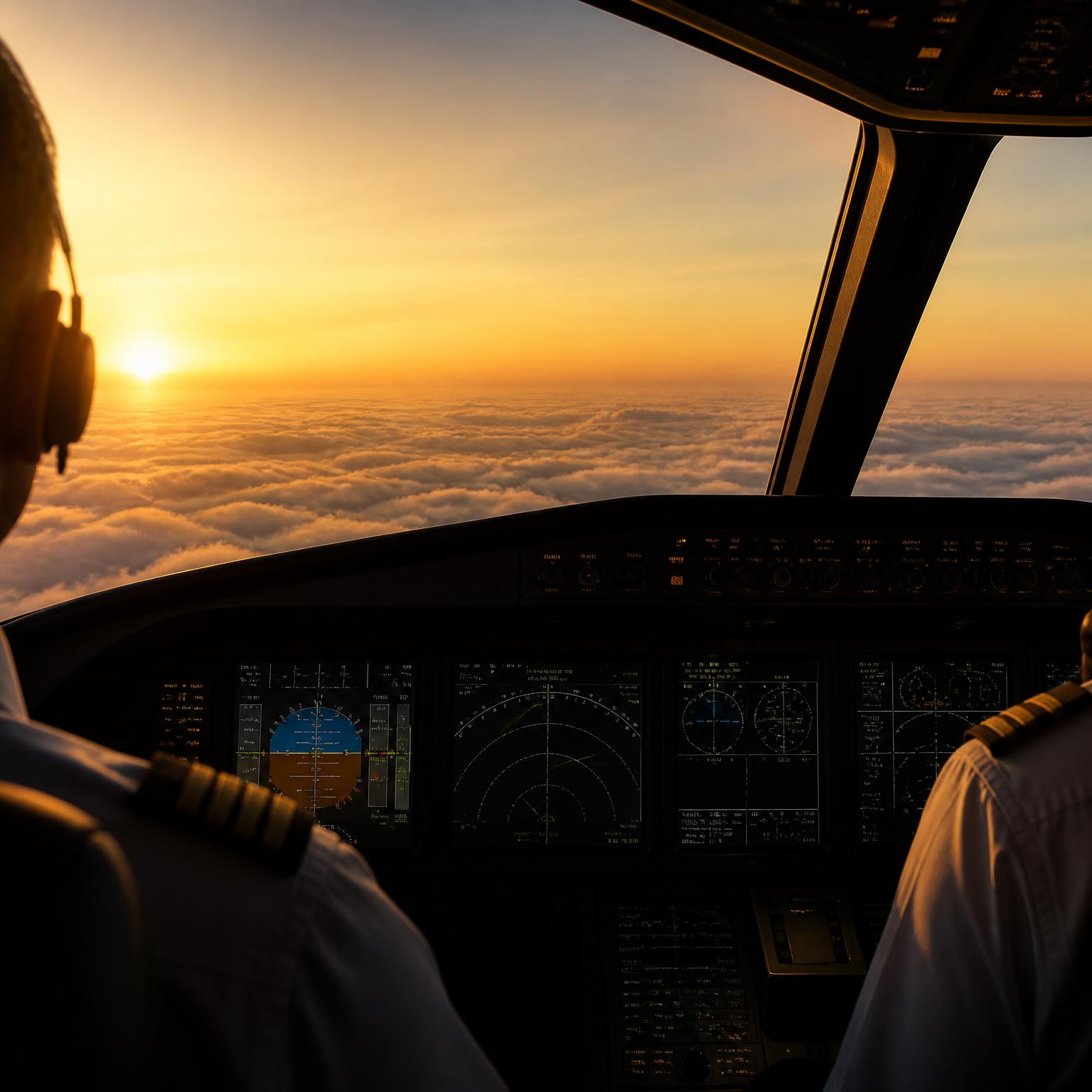 Over-the-shoulder view from an airliner cockpit at sunrise above the clouds